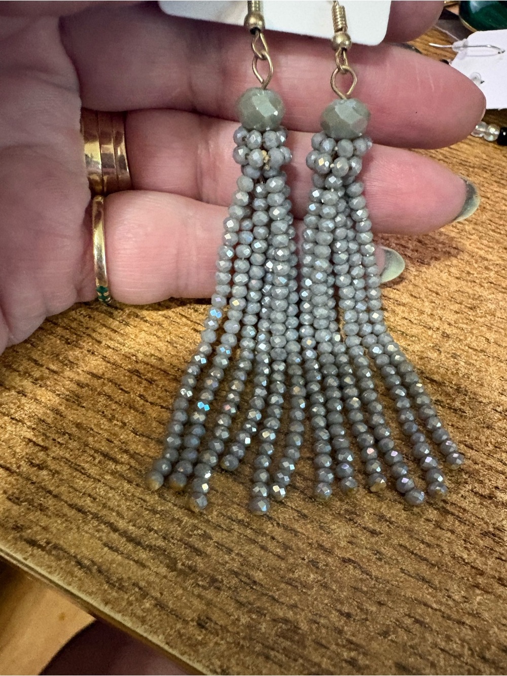 E407 Gorgeous Handcrafted Gray Faceted Bead Tassel Earrings